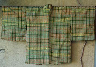 kimono haori japon soie doublure soie carreaux vert dos